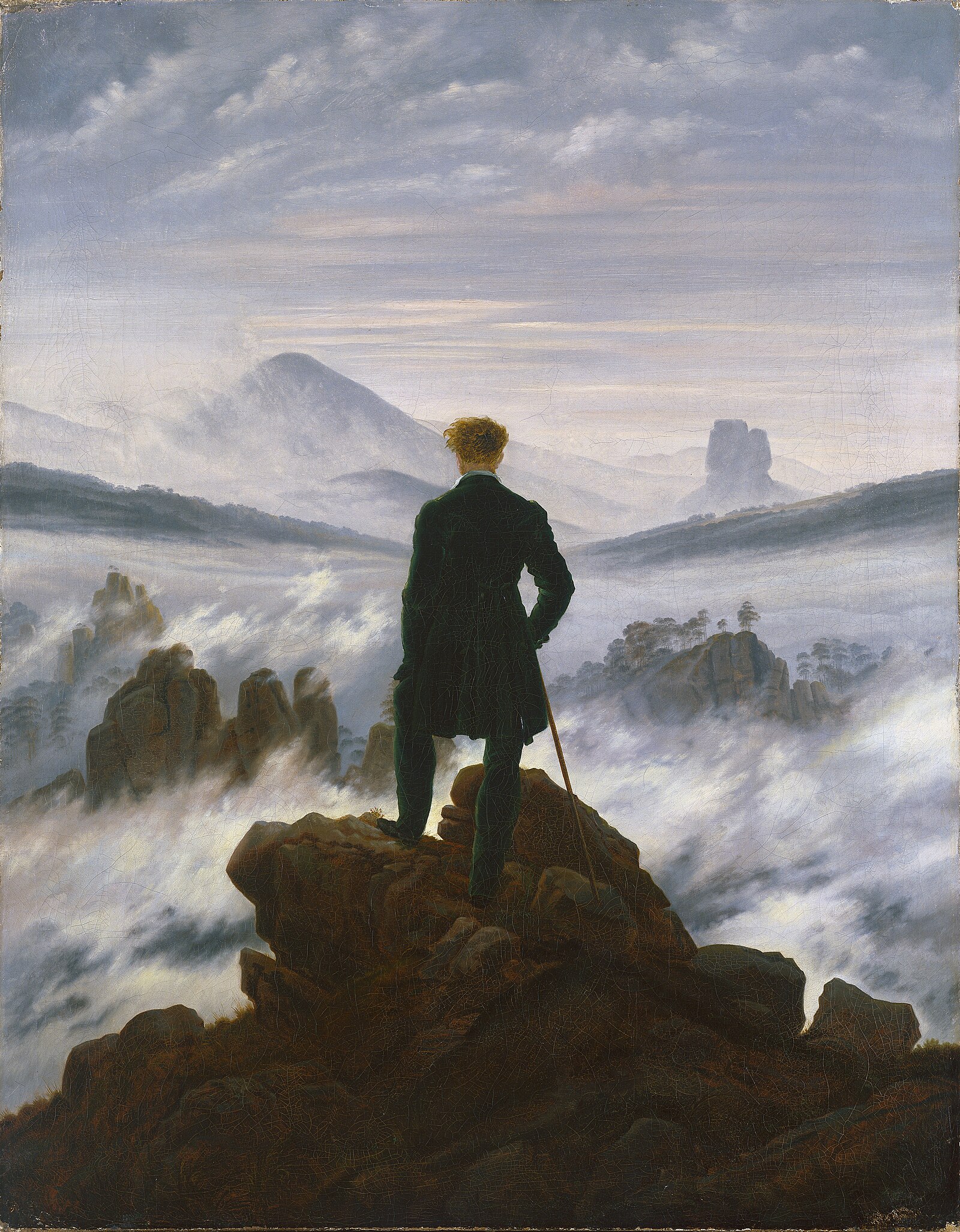 Caspar David Friedrich, Wanderer above the Sea of Fog (Der Wanderer über dem Nebelmeer), 1818, oil on canvas. Hamburger Kunsthalle.